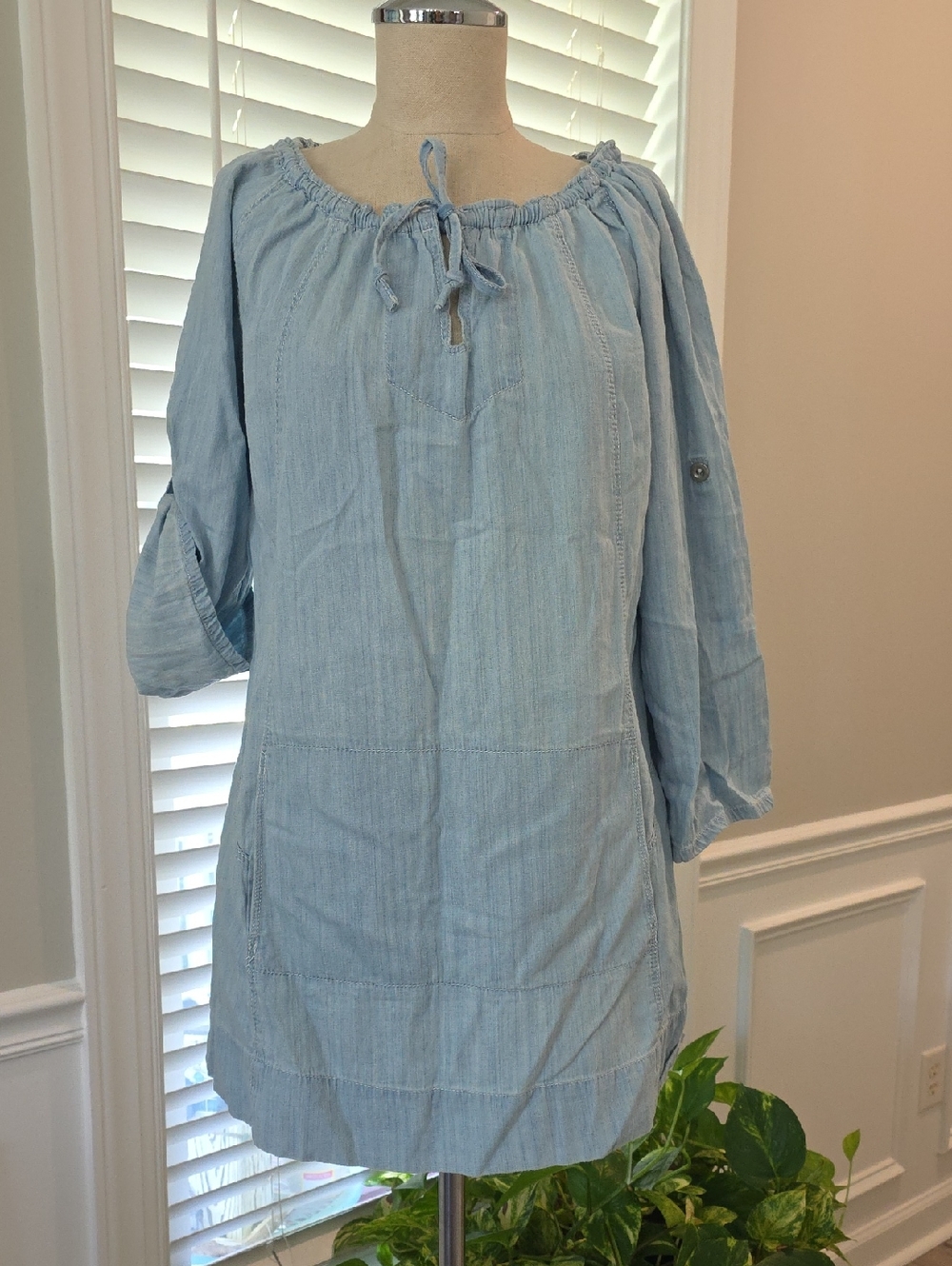 Light Blue Peasant Tunic Top with Tie Neck